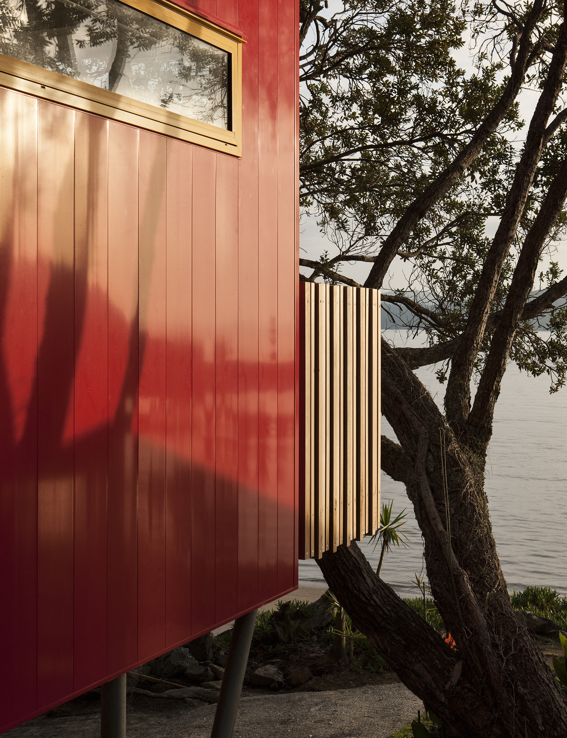 Close up of red house, the sea and a tree