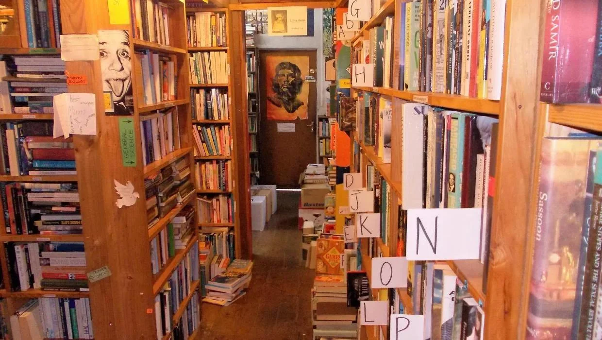 Interior of the book shop which stocks around half a million books.