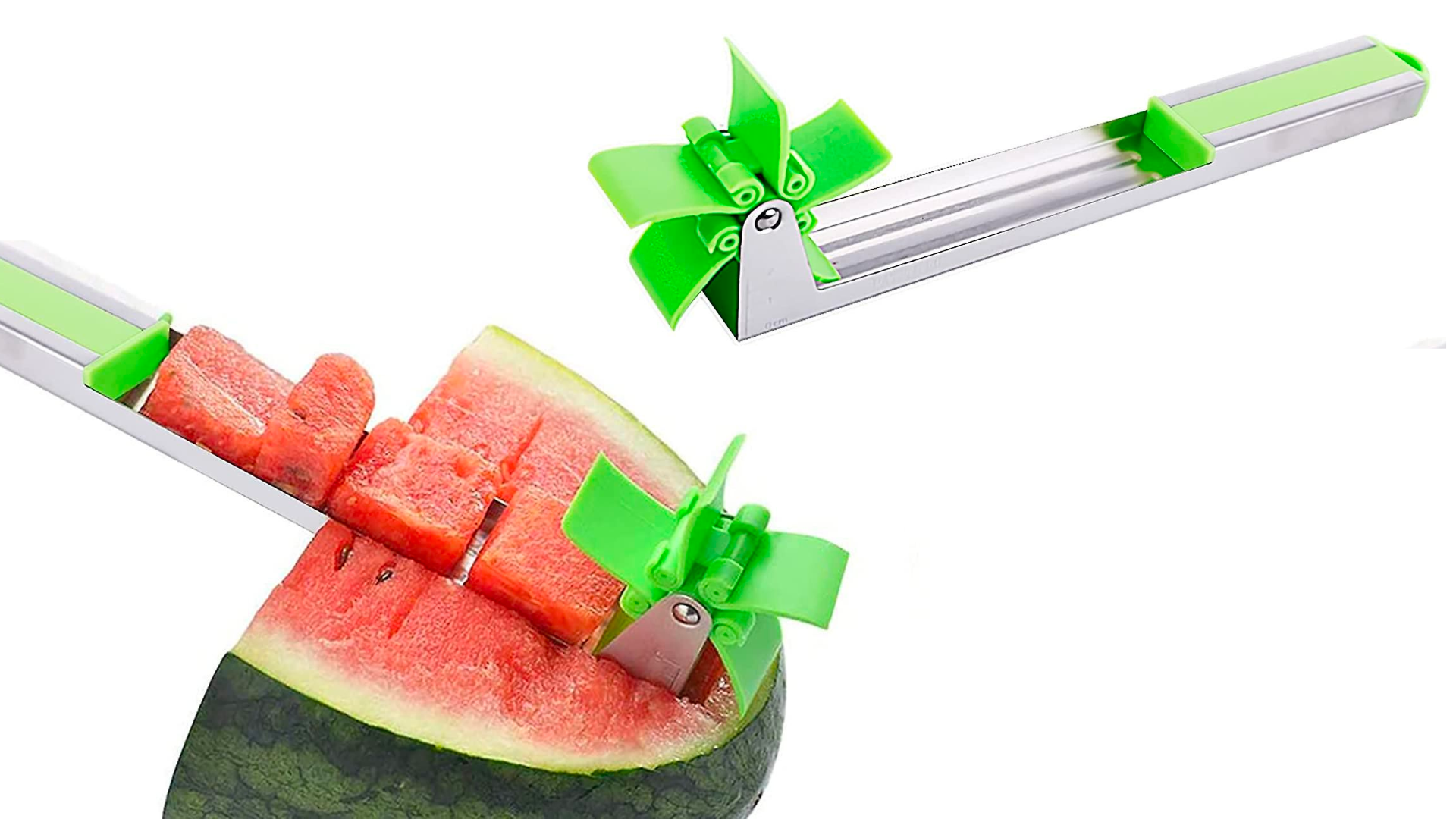 Watermelon windmill device cutting into a watermelon half, creating many small watermelon cubes.