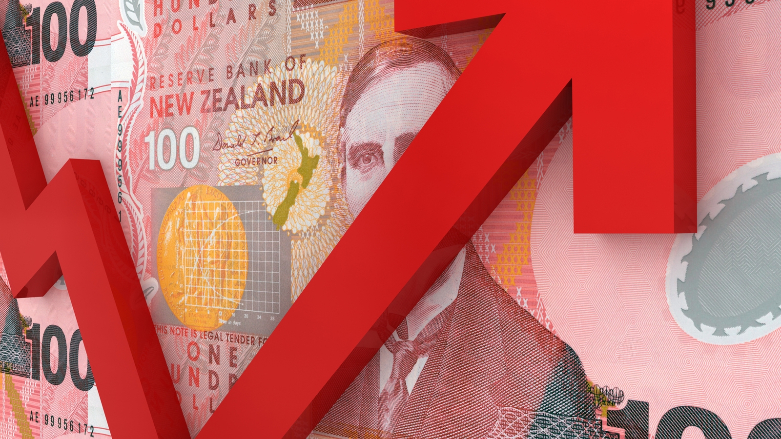 Image of New Zealand dollars with arrow. 