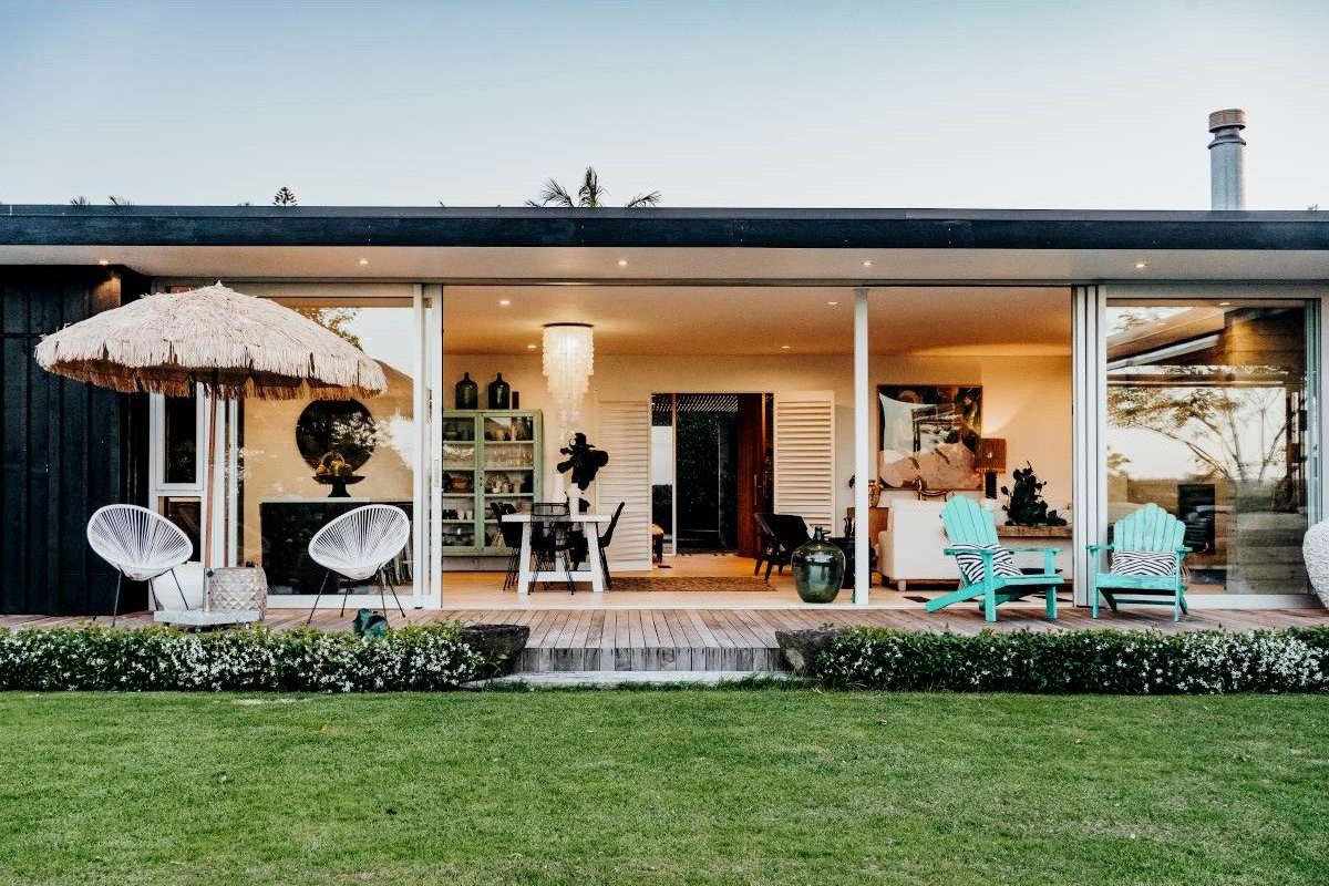 View of the lawn and deck at the Kerikeri home