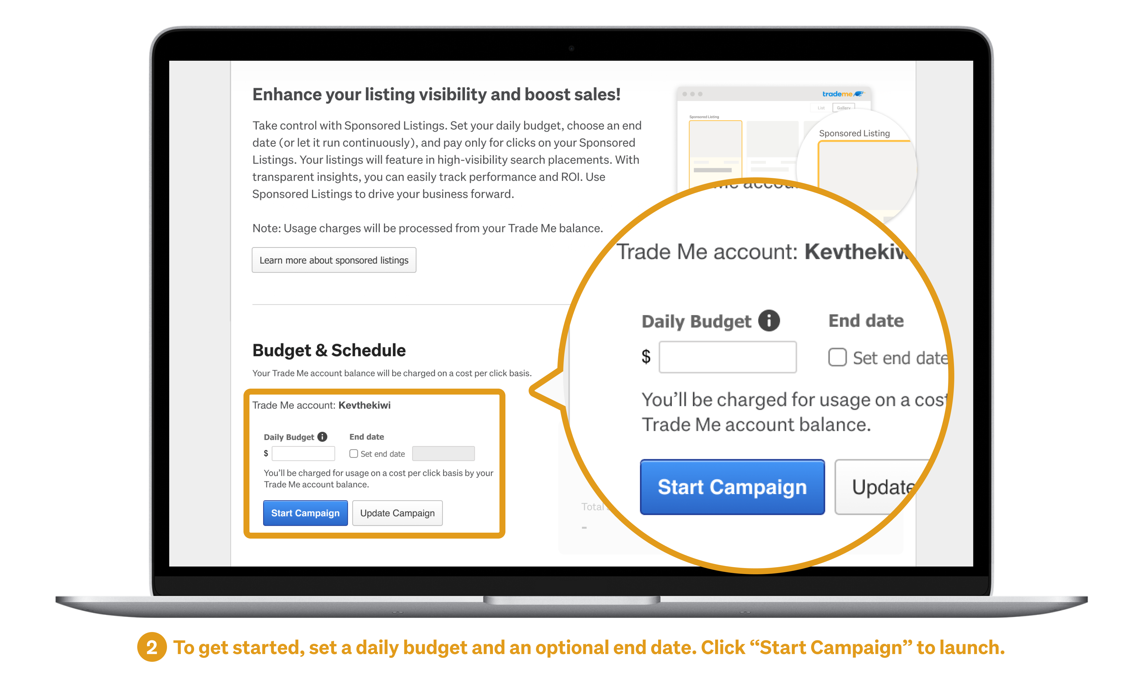 To get started, set a daily budget and an option end date. Click "Start Campaign" to launch.