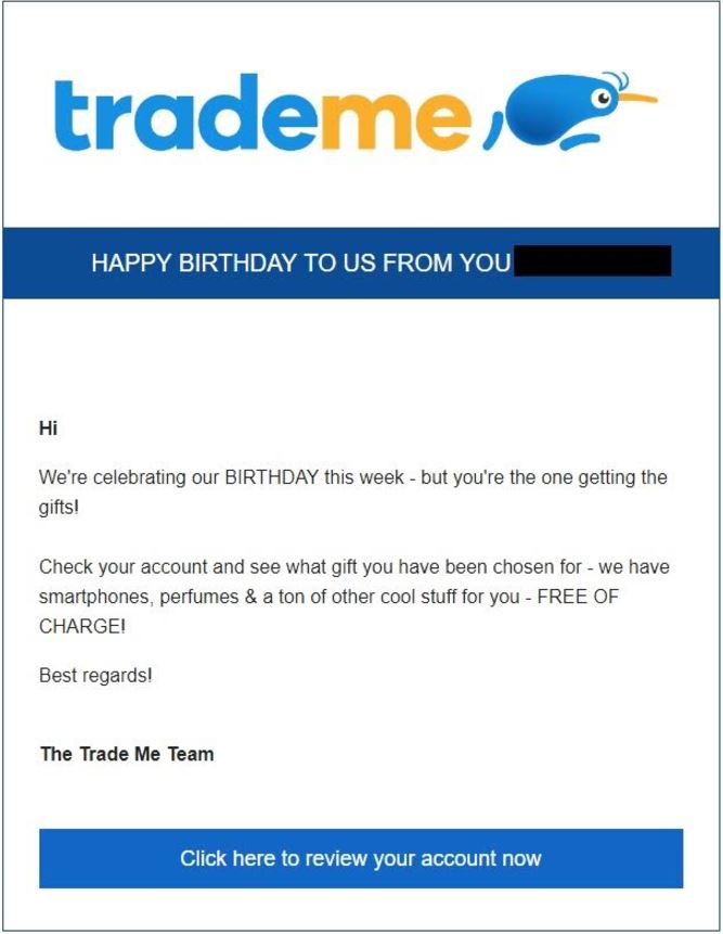 scam Trade Me birthday email