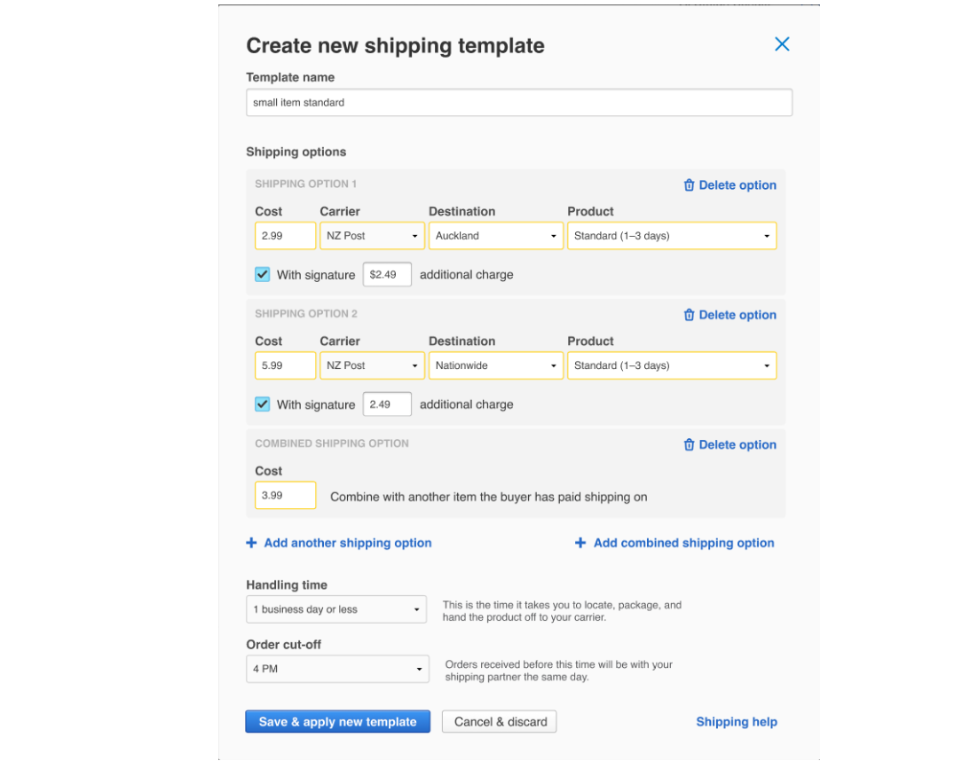 Shipping templates on My Products