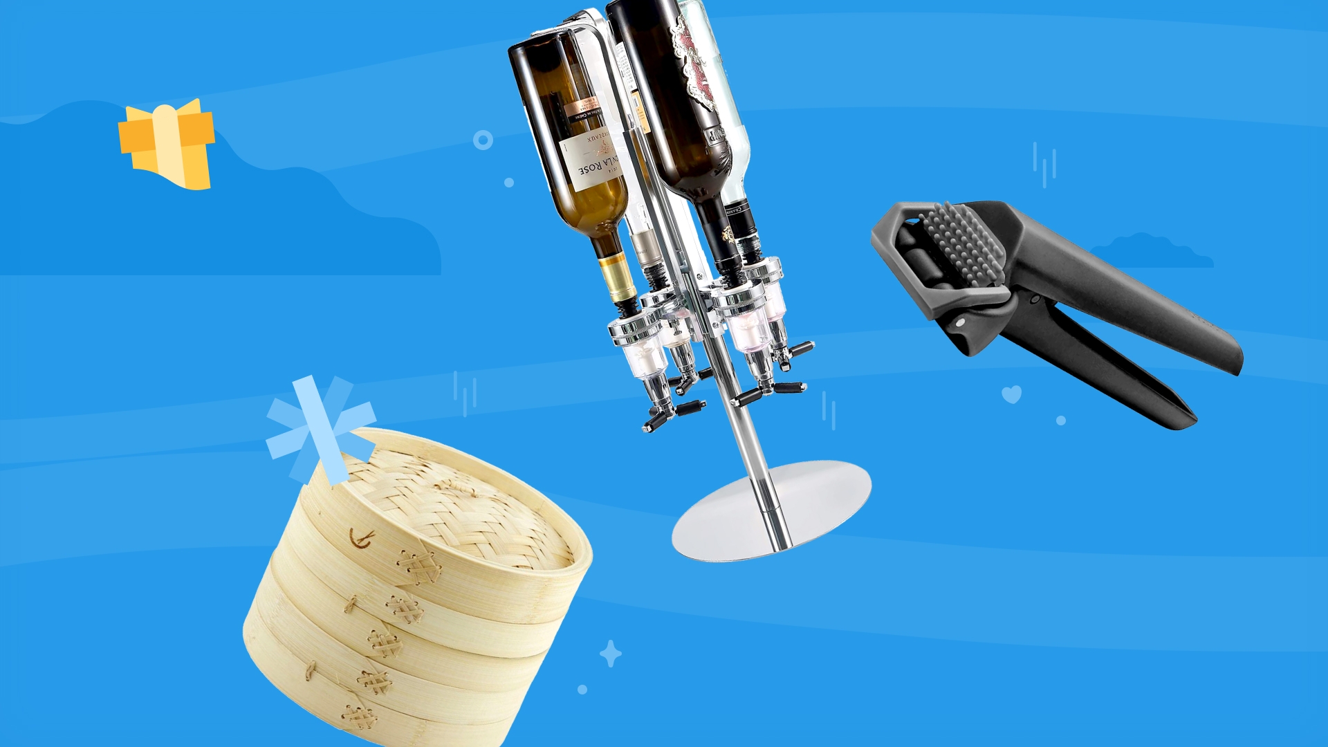 A selection of foodie gifts on a blue background including a revolving liquor dispenser, a garlic press and a steamer.