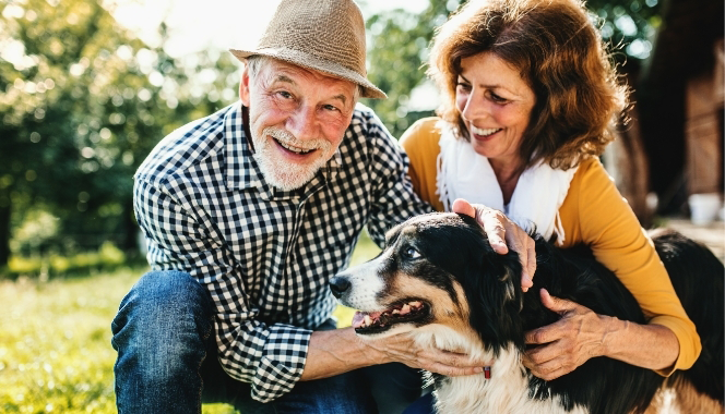Elderly couple outside smiling while petting a dog