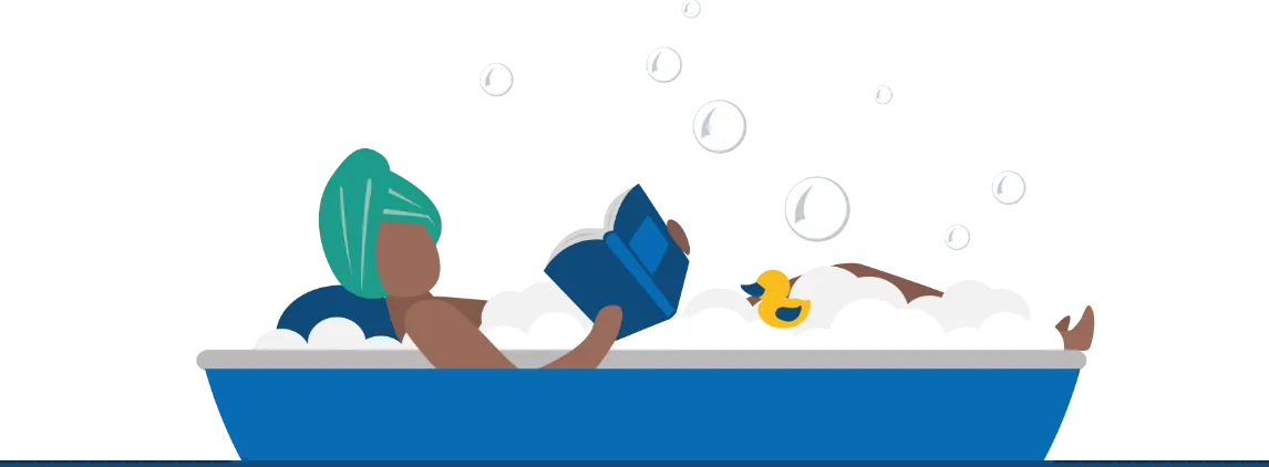 artwork graphic of a woman reading a book in a bathtub