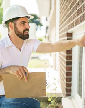 Man outside inspecting window