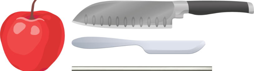 Image of a large red apple, a chef's knife, butter knife and a metal straw