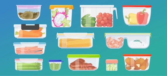 Collage of food in storage containers and bags