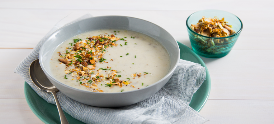Potato soup with orange and almond crumb
