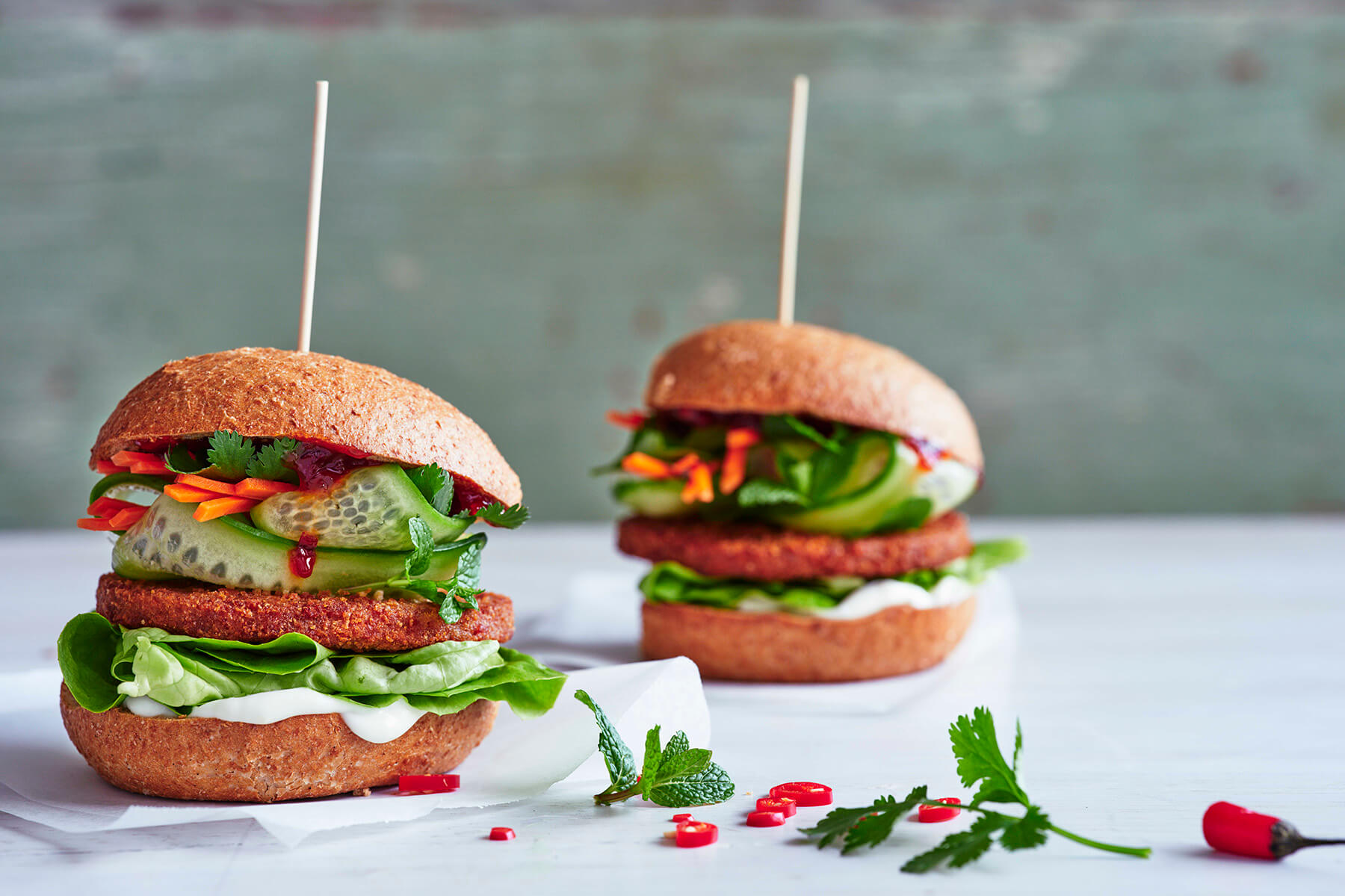 Chicken-style burger with quick pickles