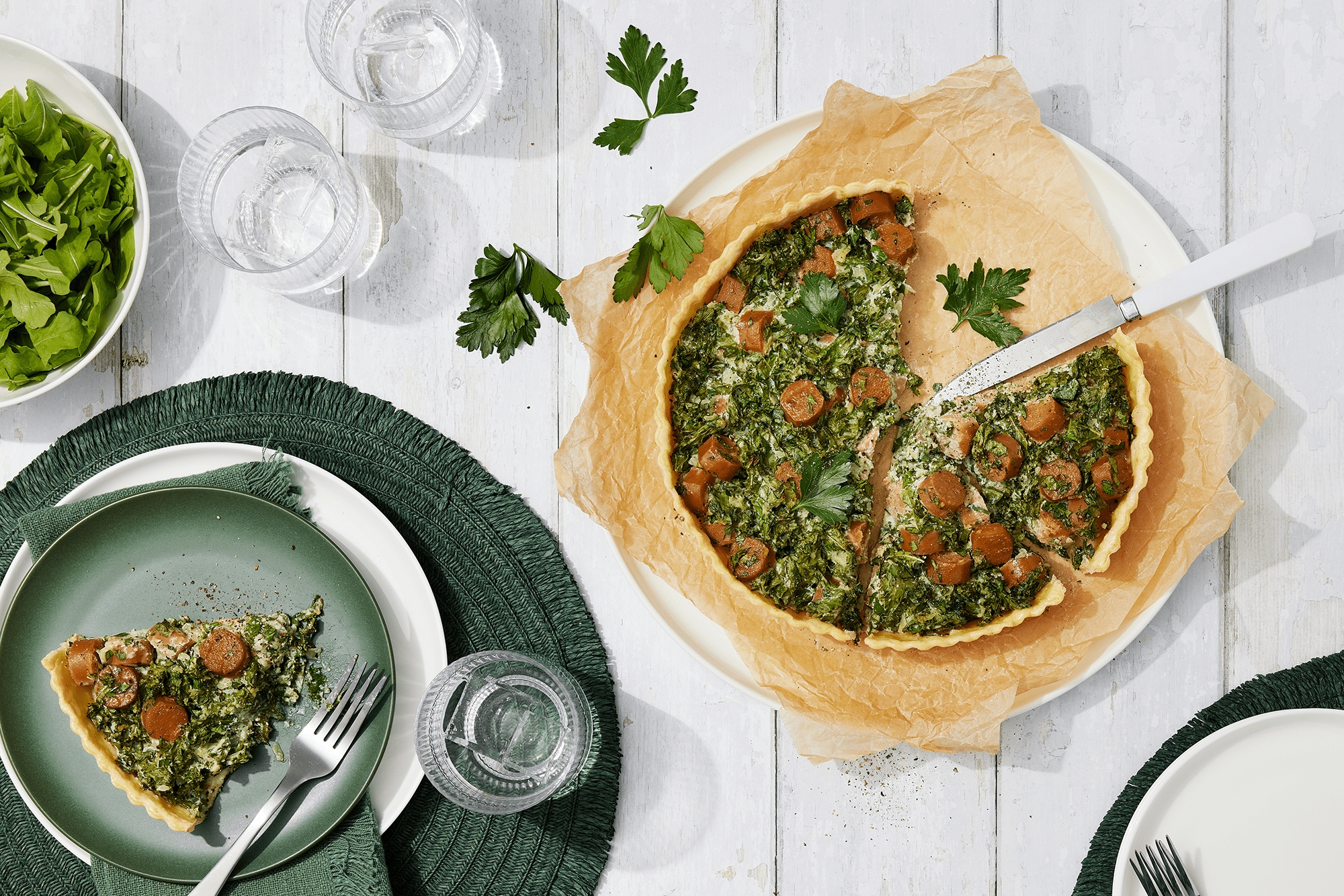 Vegie sausage and kale tart