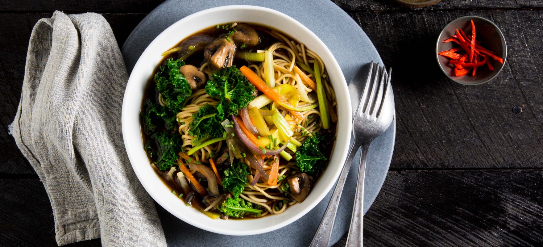 Veggie and noodle broth soup Marmite