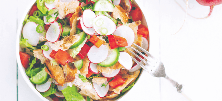 Fattoush salad with toasted bread and sumac