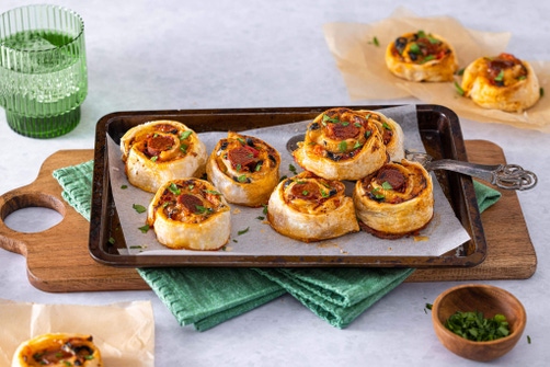Pizza pinwheels with vegie hot dogs