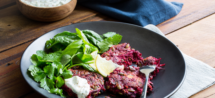 Weet-Bix, beetroot, courgette and feta fritters