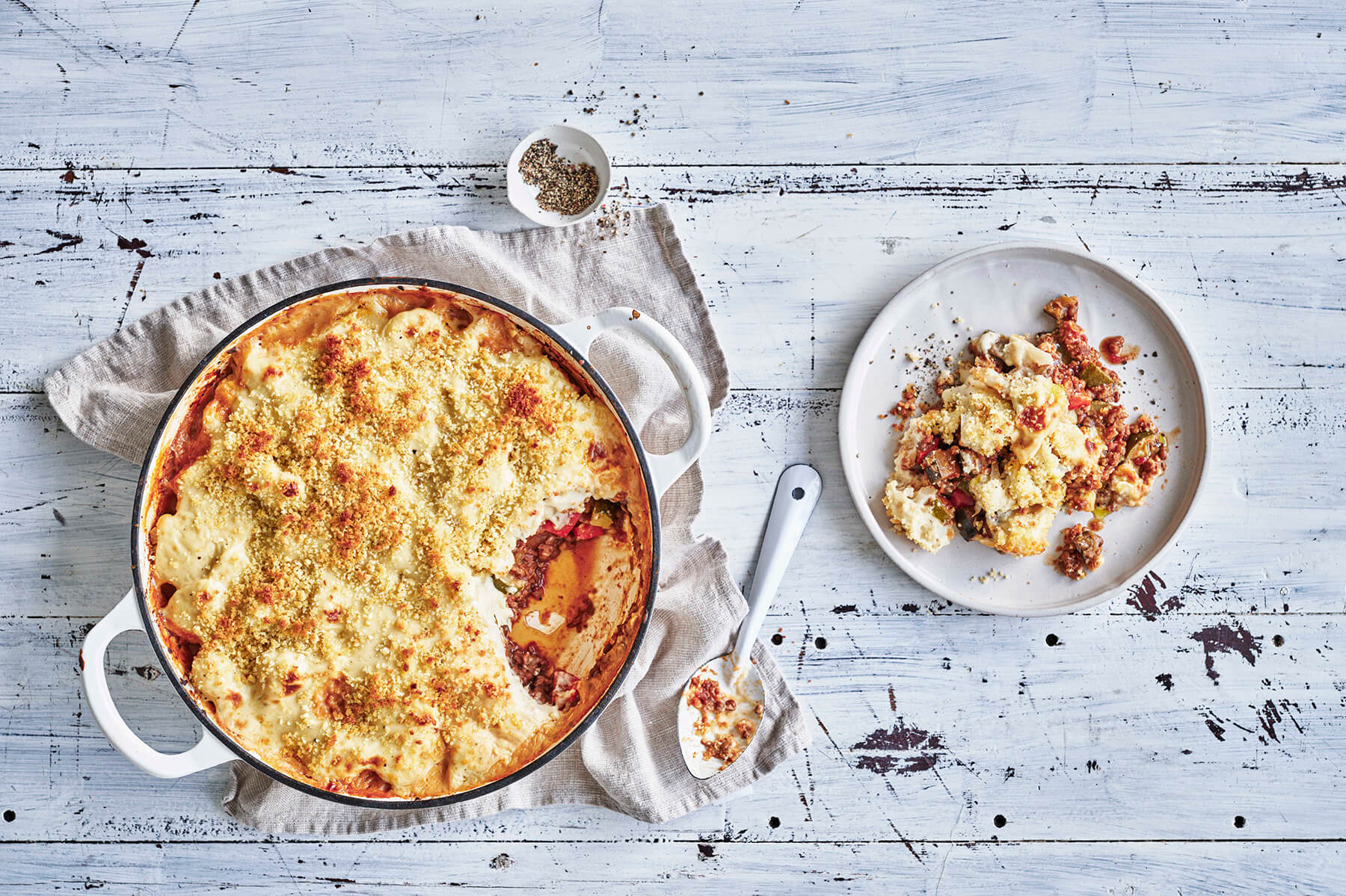Lentil ratatouille with a cauliflower cheese crumb