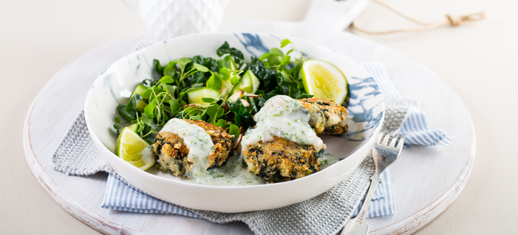 Potato and spinach cakes with almond parsley sauce
