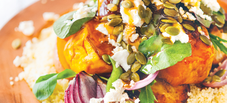 Roasted vegetables on couscous with Moroccan dressing
