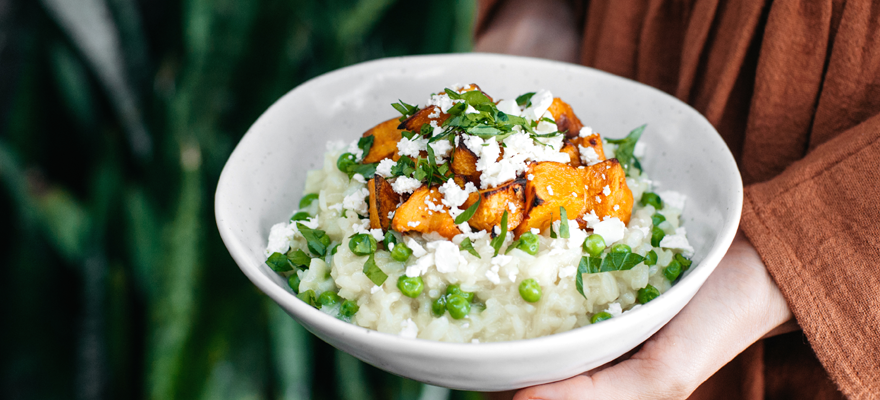 roast pumpkin and pea risotto