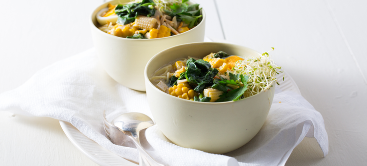 Corn, tofu, spinach and egg noodle soup