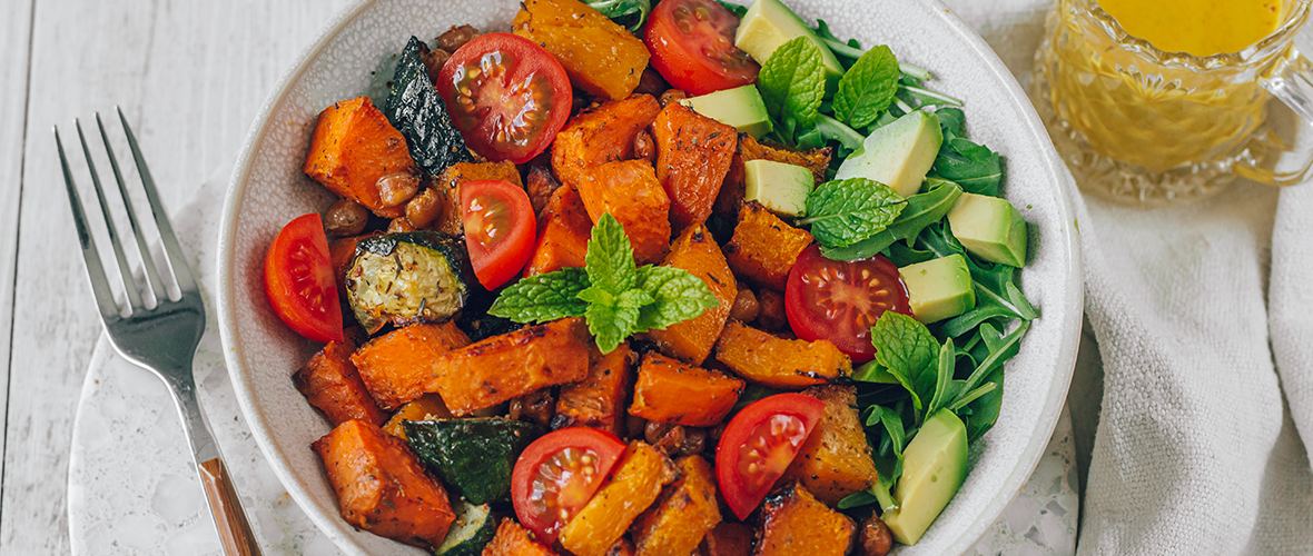 Summer roast bowl with curry tahini sauce