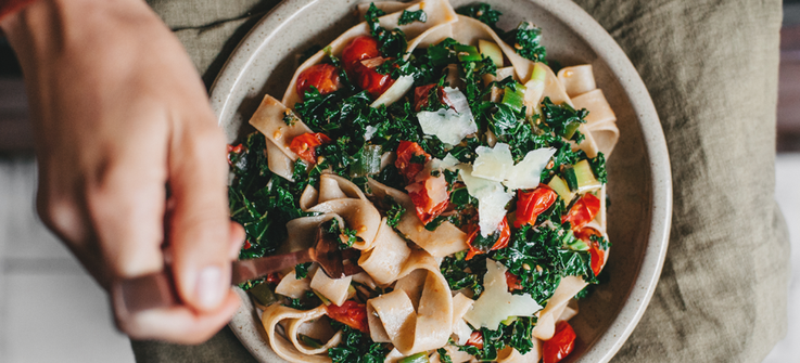 Wilted kale and cherry tomato fettuccine