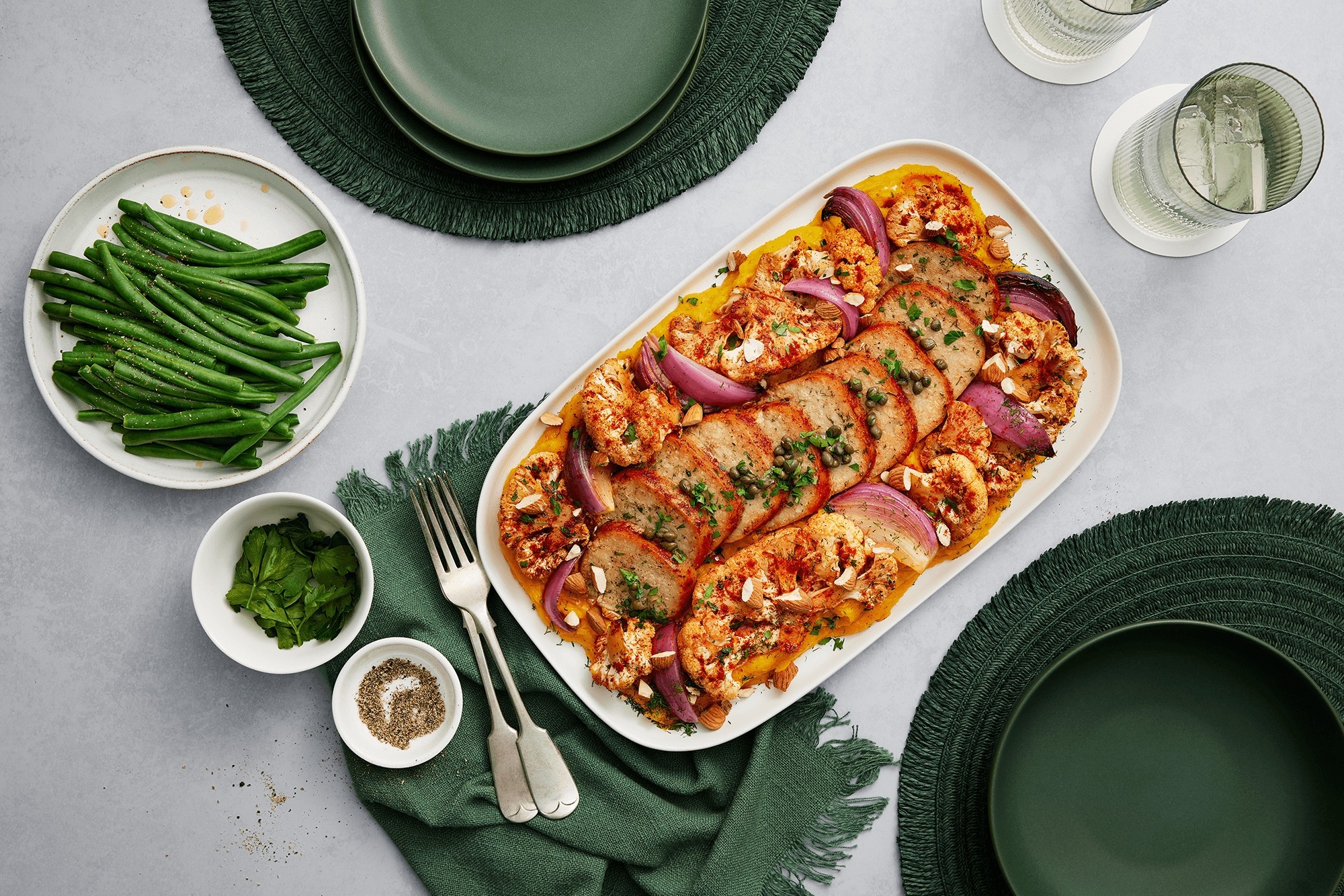 Vegie roast with cauliflower steaks and pumpkin mash