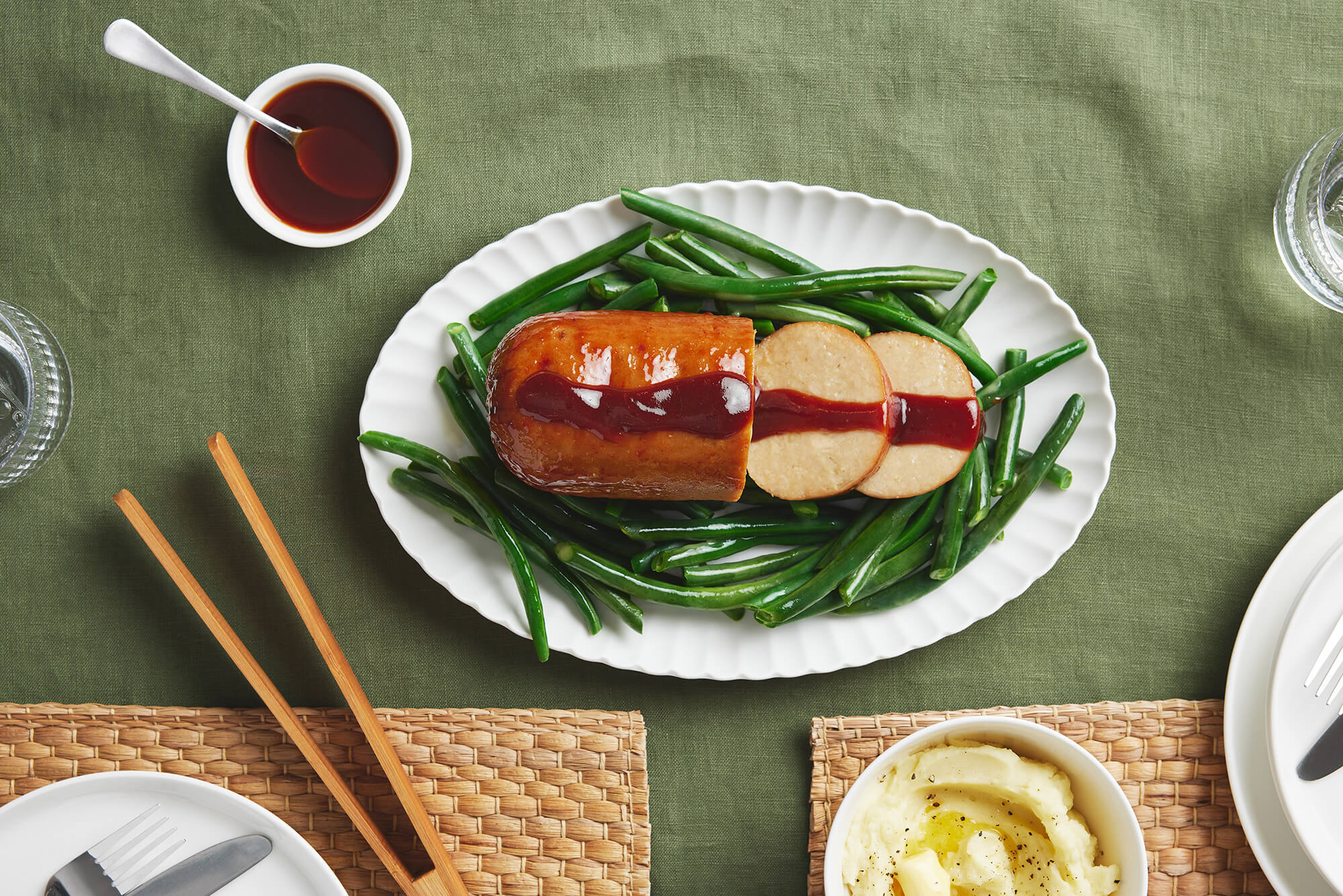 Meatloaf Glazed Vegie Roast with Mash and Beans