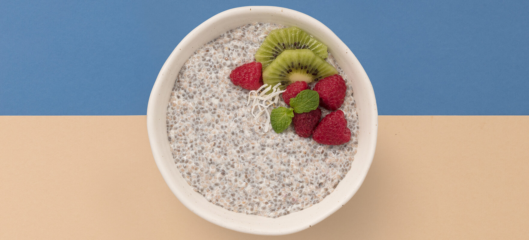 Raspberry & coconut chia pudding breakfast bowl