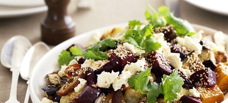 Baked vegetables with dates and feta