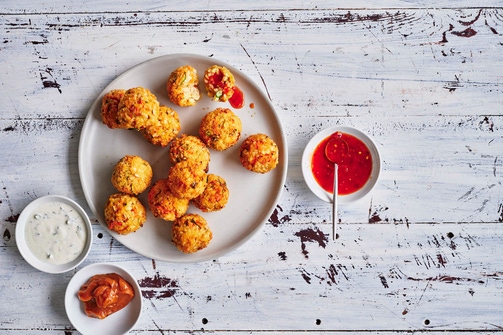 Grated veggie rice balls with dipping sauces