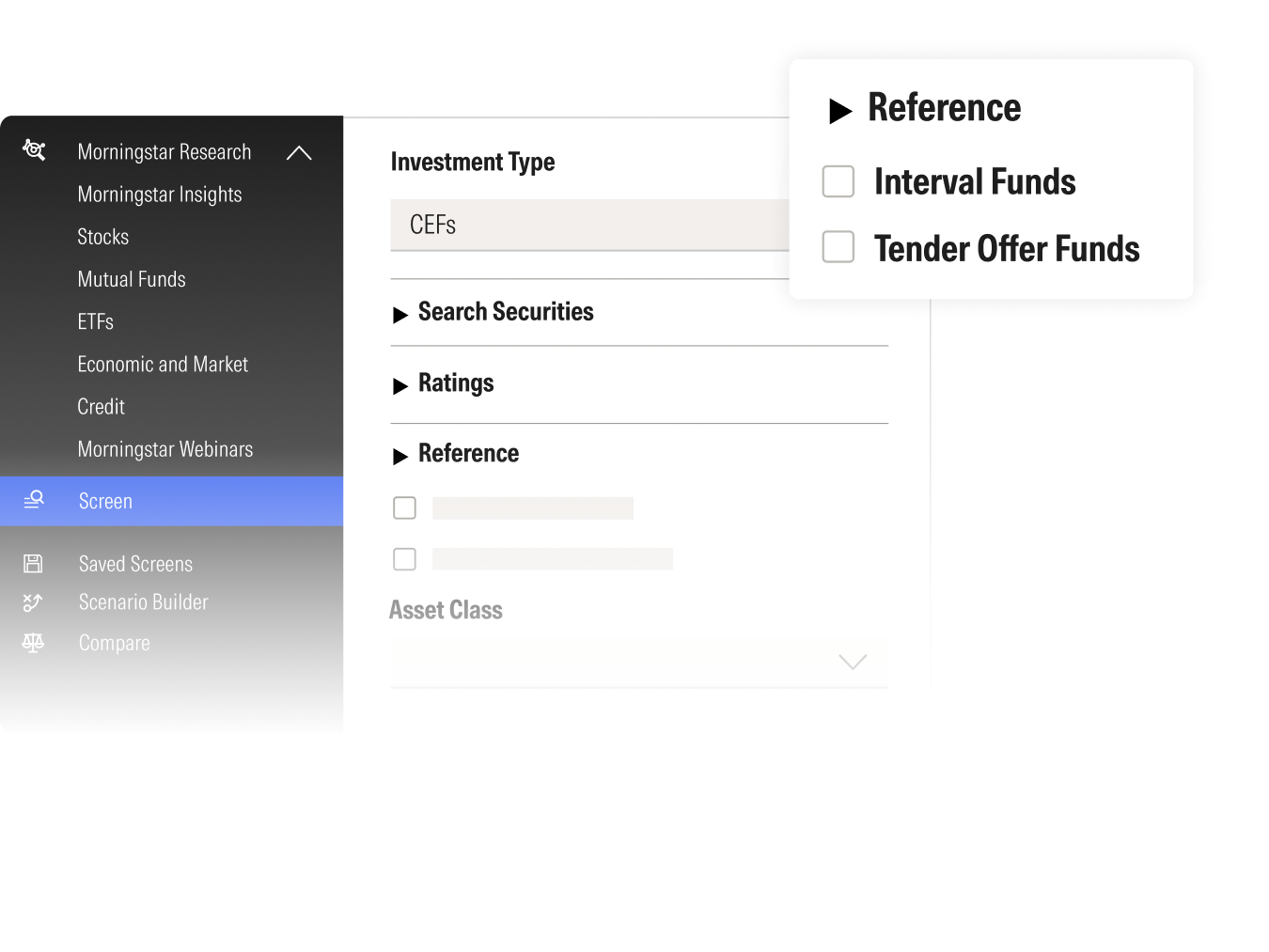 Morningstar interface showing menu options and a screening panel for CEFs with filters for securities, ratings, and reference options like Interval Funds and Tender Offer Funds.