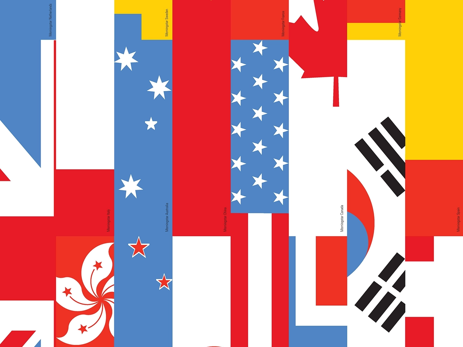 A collage of flags from Australia, New Zealand, Canada, and European and Asian countries to represent Morningstar office locations.