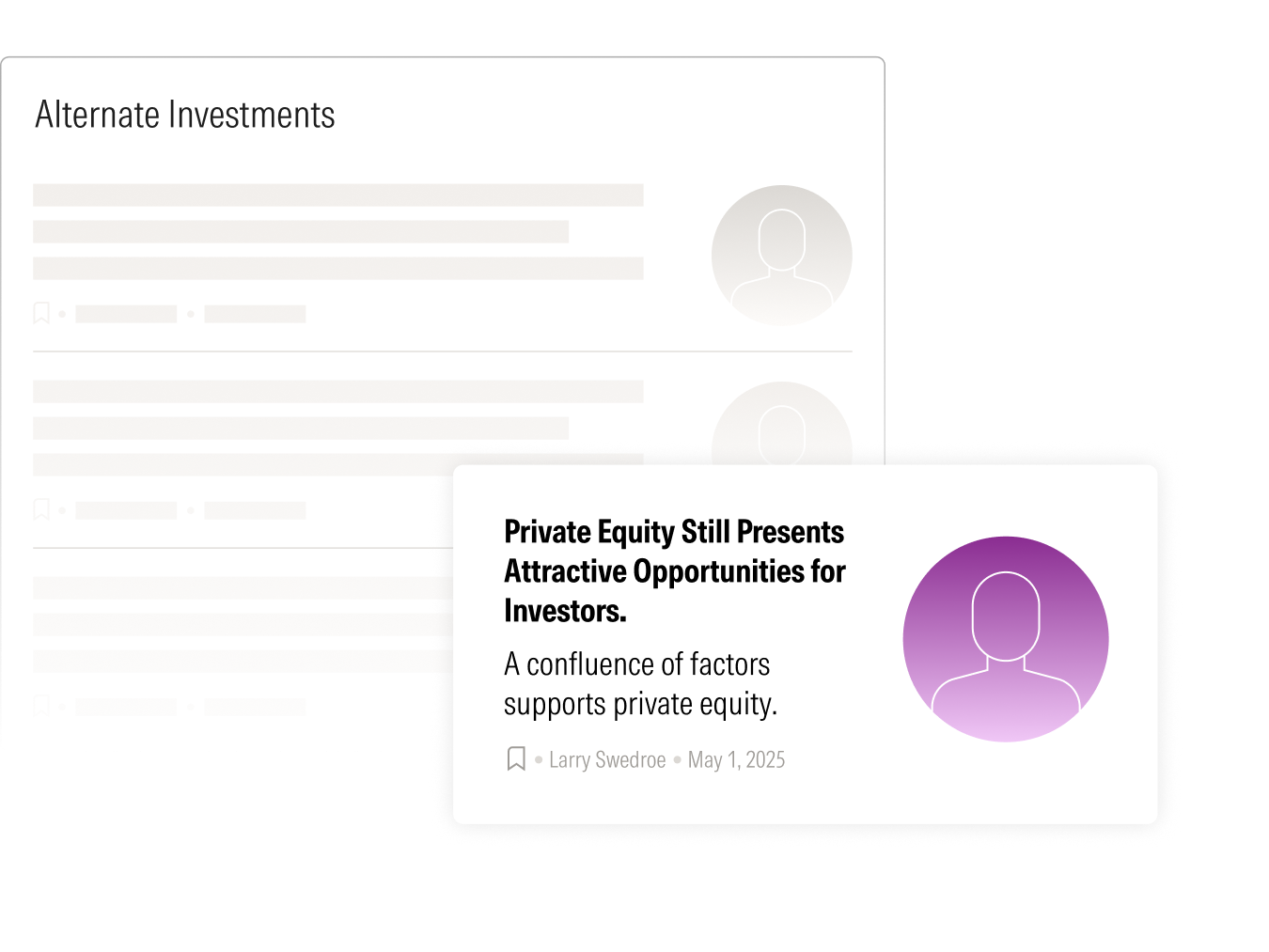 Blank example search results page for Alternative Investments content with one example piece of content from Larry Swedroe titled, "Private Equity Still Presents Attractive Opportunities for Investors."
