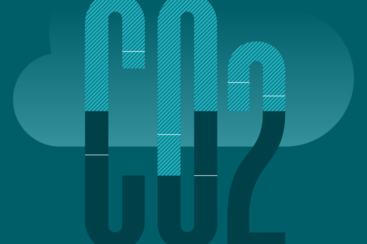 An illustration of the abbreviation CO2 with a cloud in the background.