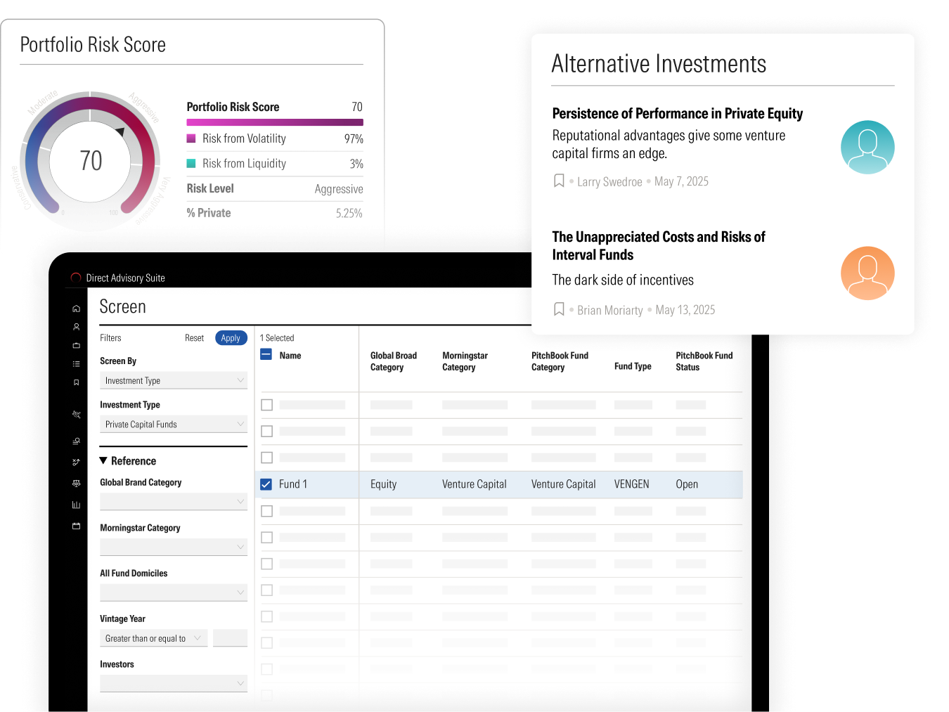 A multi-screen user interface showcasing an "Alternative Investments" dashboard, a "Direct Advisory Suite" screen, and a "Reference" panel.

The "Alternative Investments" dashboard highlights two articles: "Persistence of Performance in Private Equity" and "The Unappreciated Costs and Risks of Interval Funds."