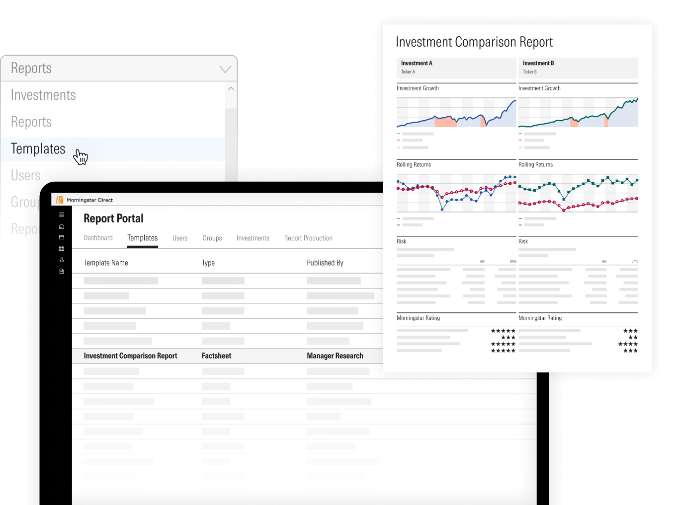 Illustration showing how sales and marketing teams can easily run investment comparison reports based on your firm's templates.