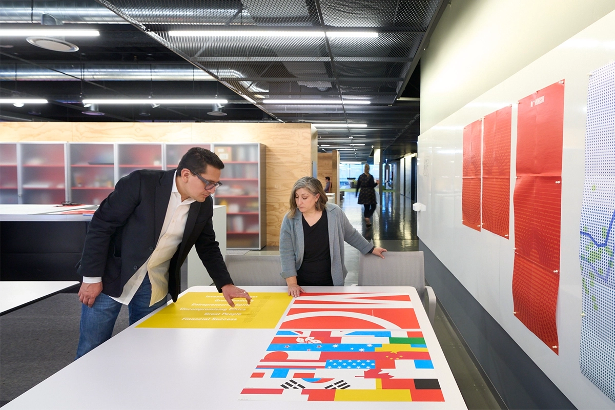 Employees reviewing design mockups at a Morningstar office.