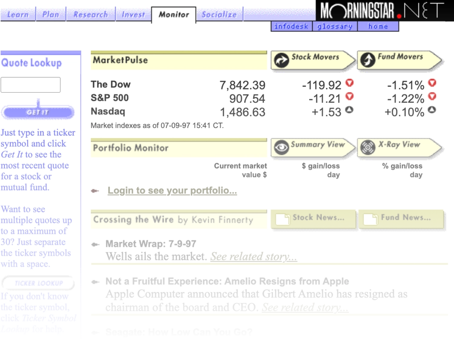 An early webpage on Morningstar.net showing stock movers and news headlines.