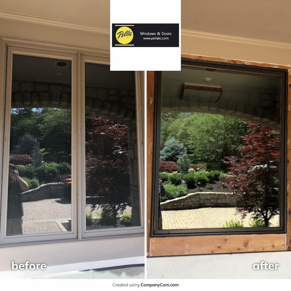 White frame double casement window to black frame picture window, before and after comparison