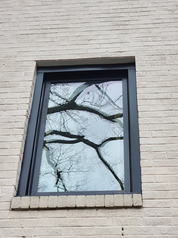 Close-up of black Pella fiberglass windows on Richmond home exterior