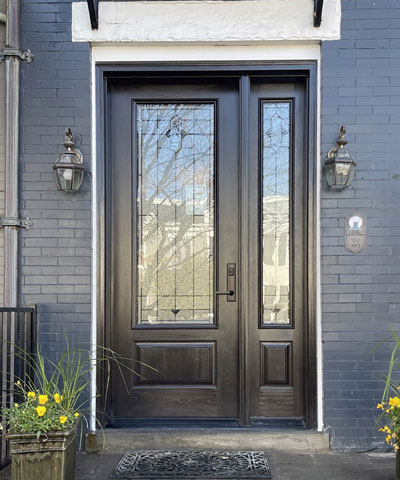 New fiberglass entry door with sidelight and decorative glass