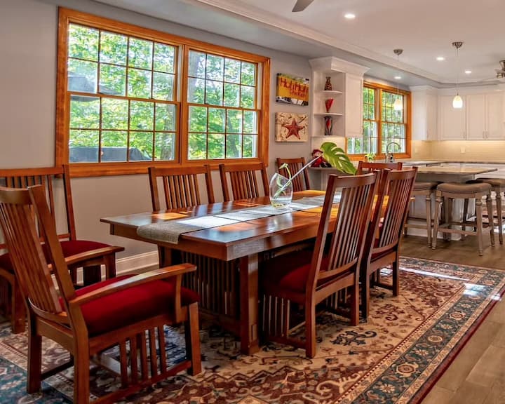 Wood double-hung windows in kitchen and dining room