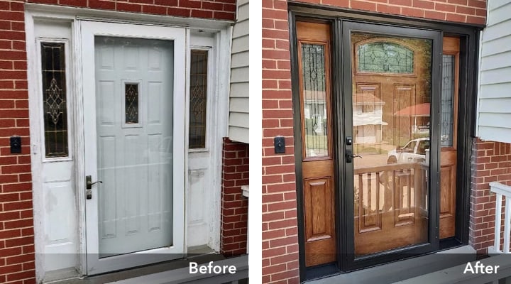 front door transformation including a storm door replacement with a dark finish