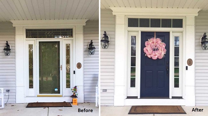 before and after of new fiberglass entry door replacement