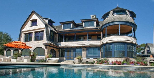 Poolside view of waterfront residence on the South Coast of Rhode Island