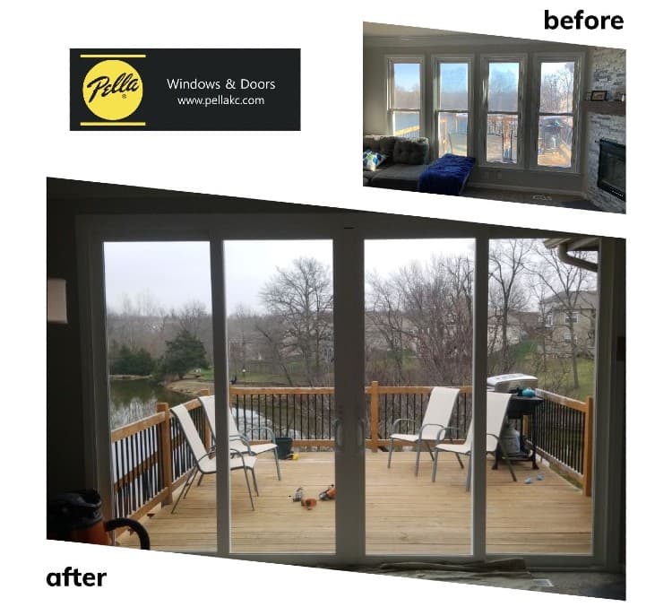 Lakefront home interior view before 4 windows and after four panel sliding glass patio door