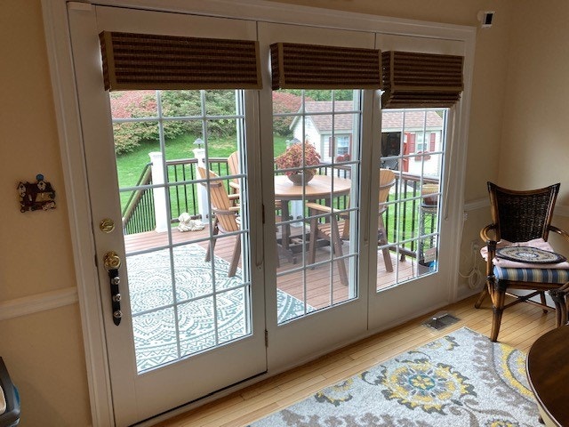 Interior view of old, white traditional porch doors with grilles
